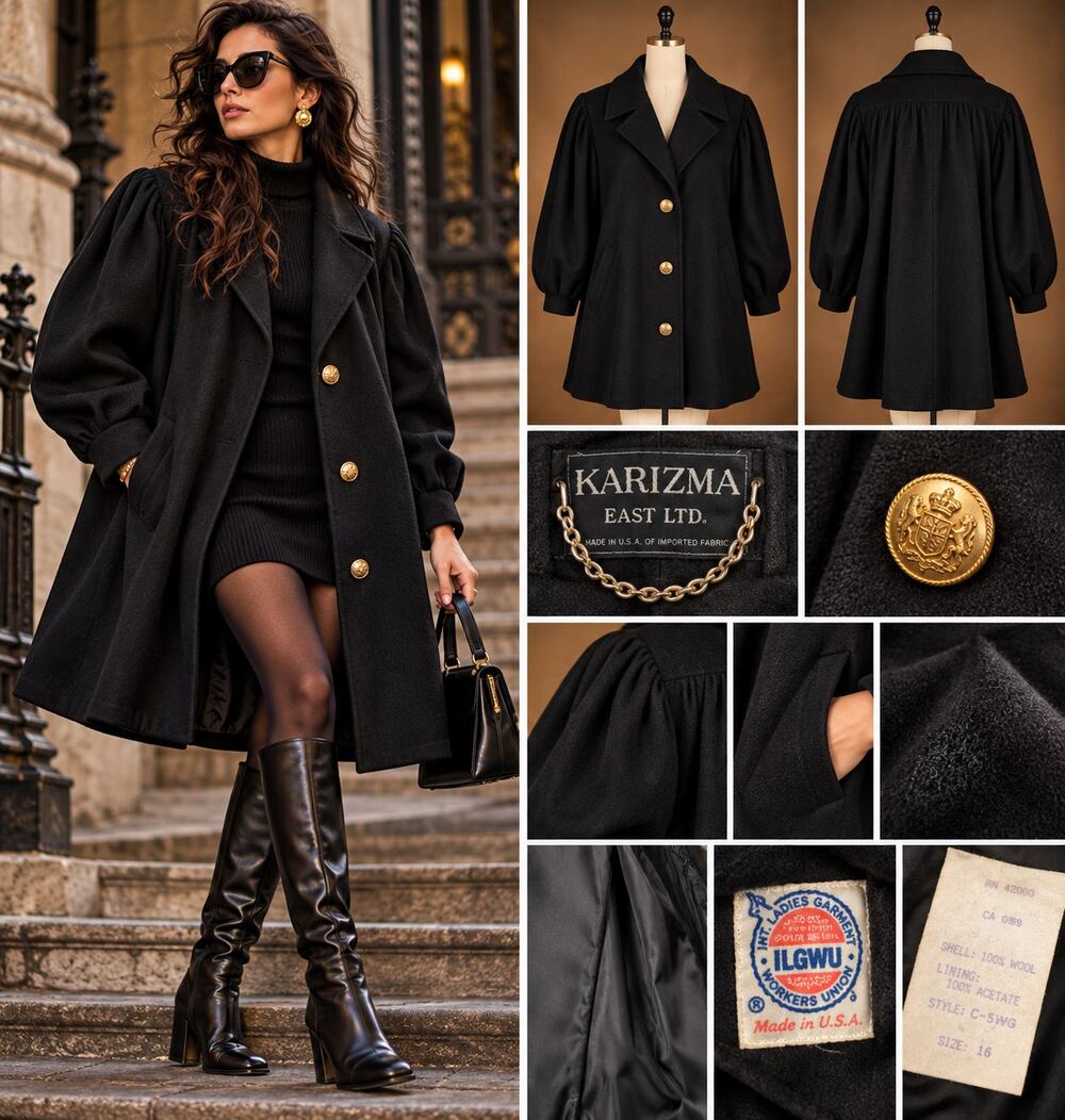 Vintage 80s Karizma East Black Wool Swing Coat 16 Puff Sleeve Gold Buttons USA